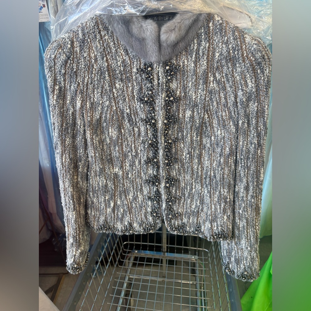 Lafayette elegant tweed Gray Fur-Trimmed Jacket with beads